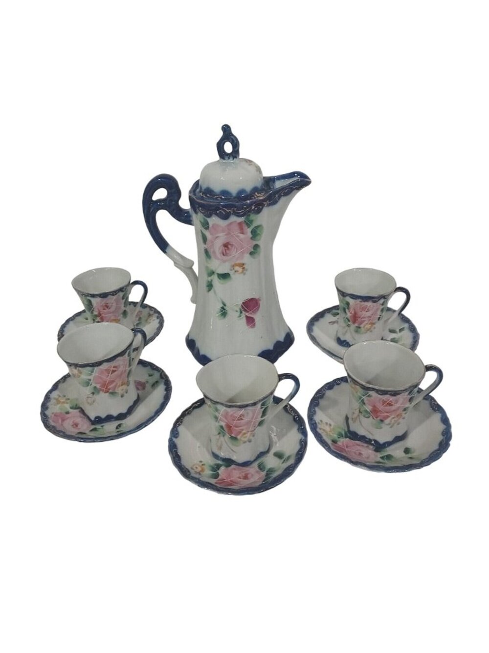 Nippon Hand Painted CHOCOLATE POT Cobalt Blue Gold Florial 12pc Set Antique